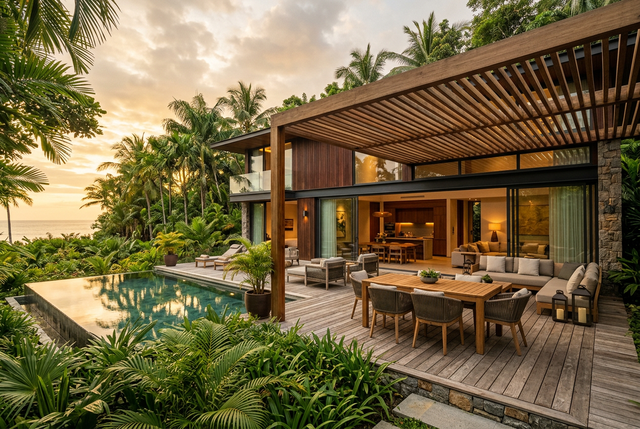 AI-generated visual of a modern tropical villa at golden hour